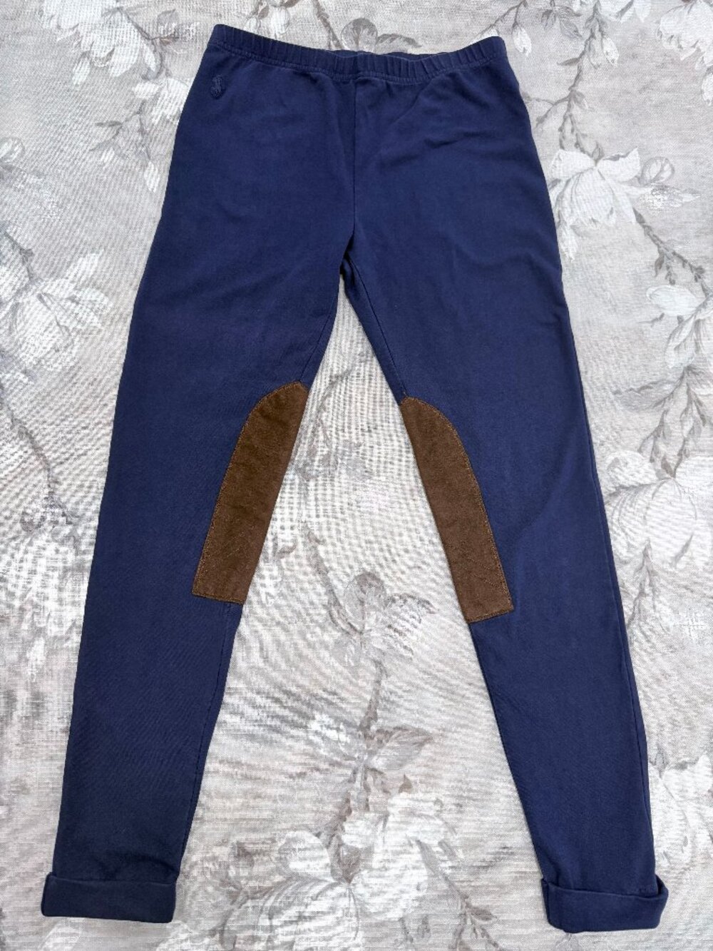 Ralph Lauren Navy Equestrian Leggings XL Girl's 16 Brown Knee Patch Riding Pants